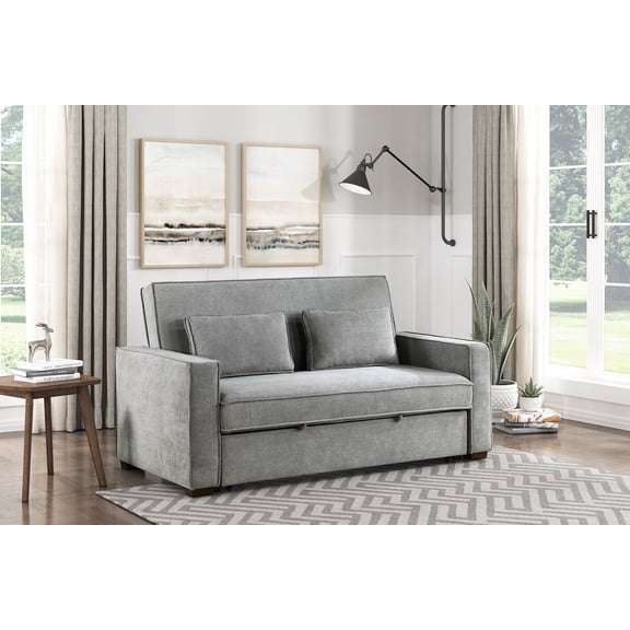Sleeper Sofa with Pull-Out Bed, Solid Wood Frame Gray Textured Fabric Upholstered 2-Seat Couch with Click-Clack Mechanism and 2 Lumbar Pillows for Living Room, 71.5" x 39" x 39.5"H