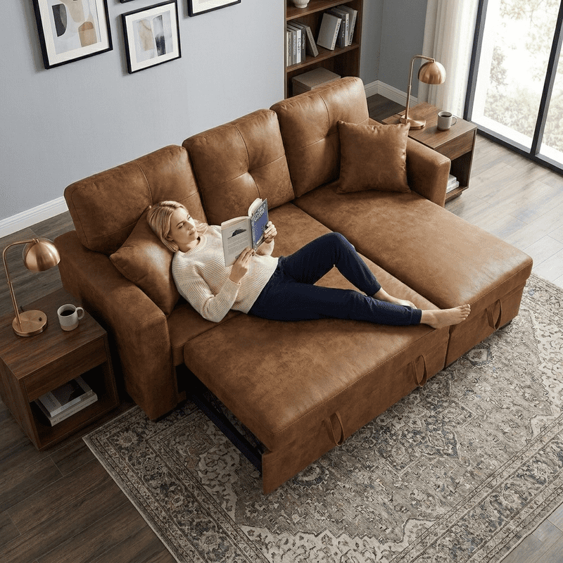 Sleeper Sofa Sectional with Pull-Out Bed – Reversible Chaise + Hidden Storage, Breathable Fabric, L-Shaped Couch for Small Spaces, Convertible Sofa Bed for Living Room