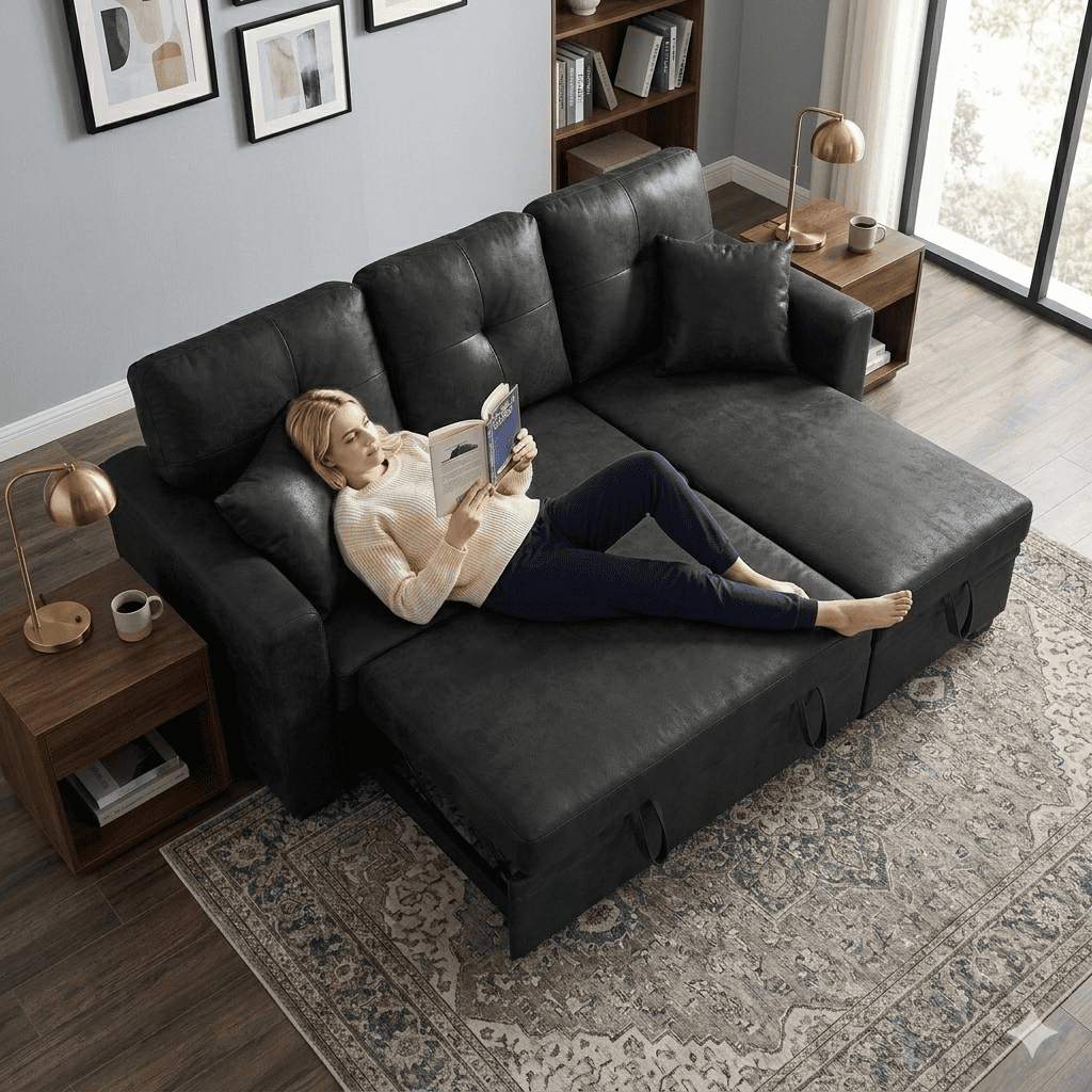 Sleeper Sofa Sectional with Pull-Out Bed – Reversible Chaise + Hidden Storage, Breathable Fabric, L-Shaped Couch for Small Spaces, Convertible Sofa Bed for Living Room