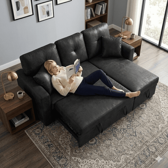 Sleeper Sofa Sectional with Pull-Out Bed – Reversible Chaise + Hidden Storage, Breathable Fabric, L-Shaped Couch for Small Spaces, Convertible Sofa Bed for Living Room