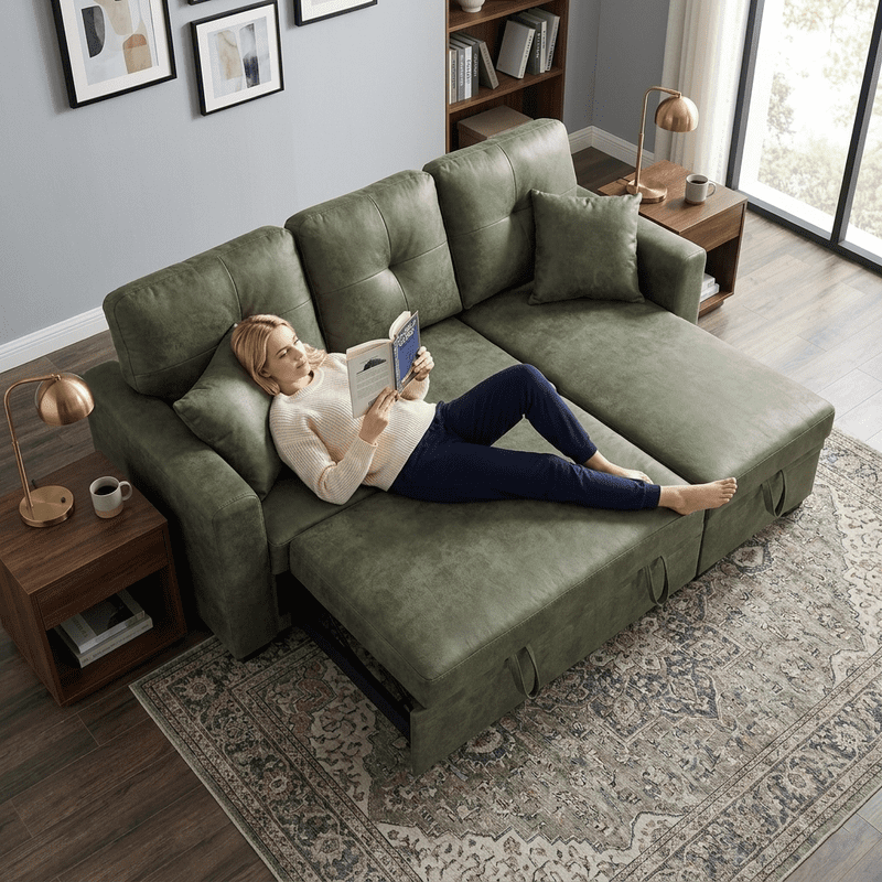 Sleeper Sofa Sectional with Pull-Out Bed – Reversible Chaise + Hidden Storage, Breathable Fabric, L-Shaped Couch for Small Spaces, Convertible Sofa Bed for Living Room