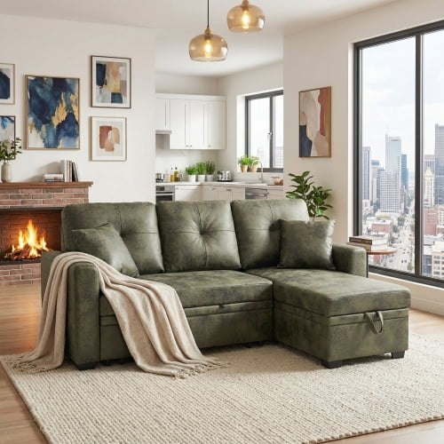 Sleeper Sofa Sectional with Pull-Out Bed  Reversible Chaise Storage L-Shaped Couch for Small Spaces, Olive Green Breathable Fabric, Convertible Sofa Bed for Living Room, Apartment,