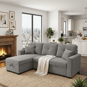 REHOUSING Classic Solid Print Polyester Sleeper and Storage Sectional Sofas, Gray
