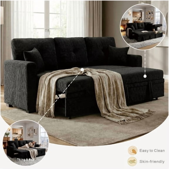 REHOUSING Classic Solid Print Polyester Pull-Out Bed and Storage Sectional Sleeper Sectional Sofa, Black