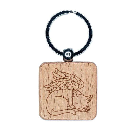 Sleeping Angel Cat Loss of Pet Square Keychain Charm Tag - Engraved Wood