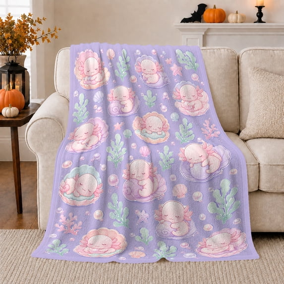 Sleeping Axolotls Nestled In Pastel Ocean Shells, Cozy Flannel Blanket with Pastel Kawaii Illustration Print, Housewarming Gift for Axolotl art enthusiasts, Home Decor for Bedroom and Living Room