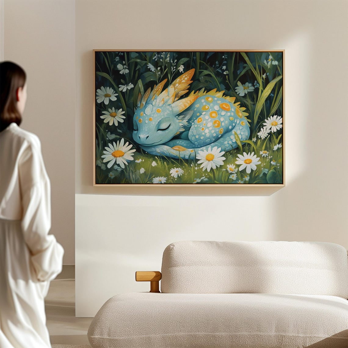 Sleeping Baby Dragon Wall Art Blue Fantasy Creature In Daisies ...