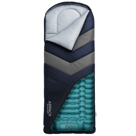 Sleeping Bag with Built-in Pad (AirPack Sleeper) - All-in-One Inflatable Sleeping Pad and Pillow for Camping with Built-in Foot Pump (Blue /Gray) 210x80cm