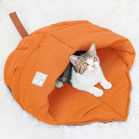 Sleeping Bag,Cozy Bed Cave Leaf Nest,Linen Fabric Pet Cuddle Zone,Covered Warm Burrowing Soft Durable Washable Bed for Indoor Puppy and Kitten(Maple Leaf Orange)