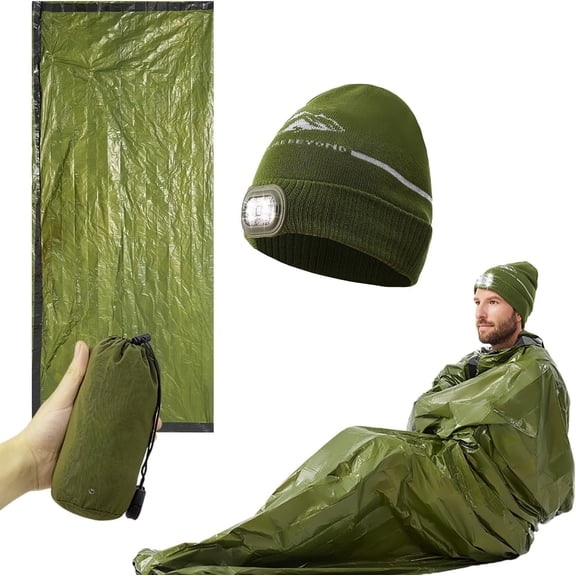 Sleeping Bag & LED Beanie Kit - Portable Bivy Sack Blanket, Winter Warm Knitted Hat with Light,   Gear for Camping Hiking Adventure