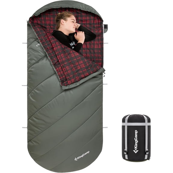 Sleeping Bag for Adults, Cold-Weather Warm Extra-Wide XL Portable Waterproof Flannel, Semi-Rectangular, 86.6" x 39.4", 34    Thermal Pod Olive