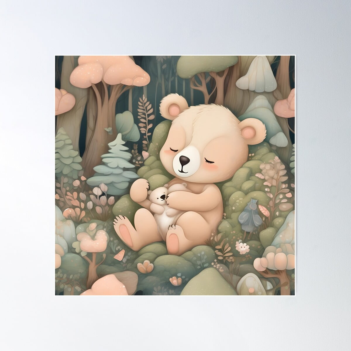 Sleeping Bear And Cub In Magical Forest Poster Wall Art, Modern Wall ...