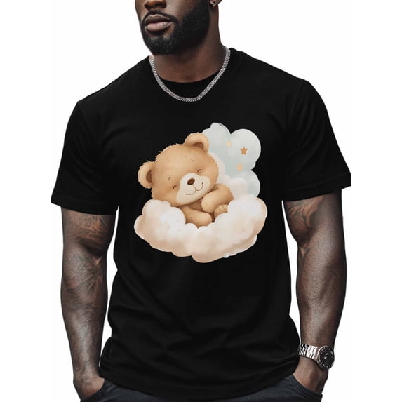 Sleeping Bear Men's T Shirts Cloud T-Shirt for Men Cute Cartoon Crew Neck Tees Cotton Tops, Black, S