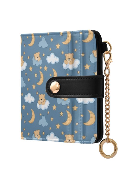 Sleeping Bear Moon Stars Small Wallet for Women RFID Blocking Bifold PU Leather Credit Card Holder with Zipper Coin Pocket Compact Cute Travel Purse Magnetic Snap 7 Card Slots