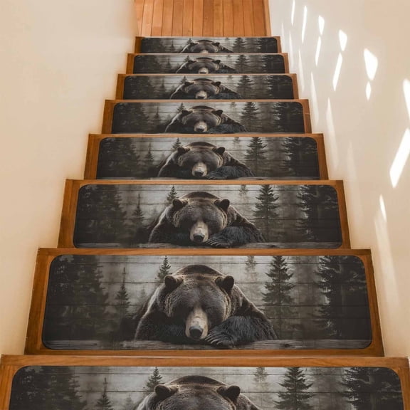 Sleeping Bear Stair Treads Non Slip for Steps Forest Rustic Planks 15 Pcs Reusable Adhesive Stair Runner Mats for Dogs Elders Carpet Treads Rugs for Staircase 8x30 In