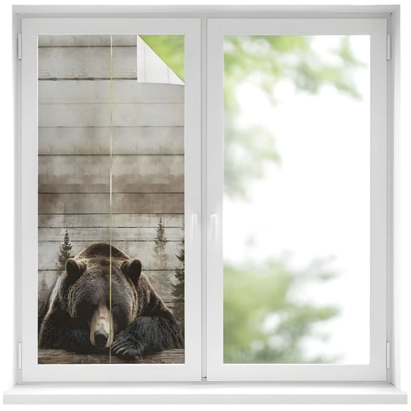 Sleeping Bear Window Privacy Film, Animal Forest Rustic Planks Frosted Glass Window Clings Static Cling UV Heat Blocking Reusable Door Sticker for Bathroom 17.7 x 39.3 Inch