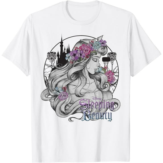 Sleeping Beauty Floral Sketched Portrait DTG Print Unisex T-Shirt,White Color,Size M