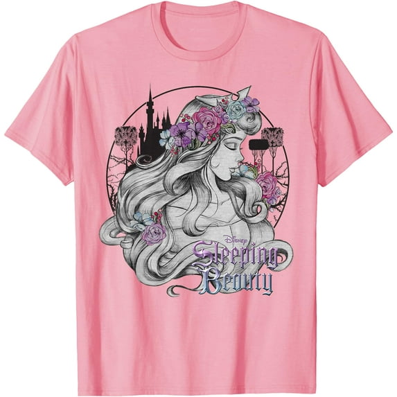 Sleeping Beauty Floral Sketched Portrait DTG Print Unisex T-Shirt