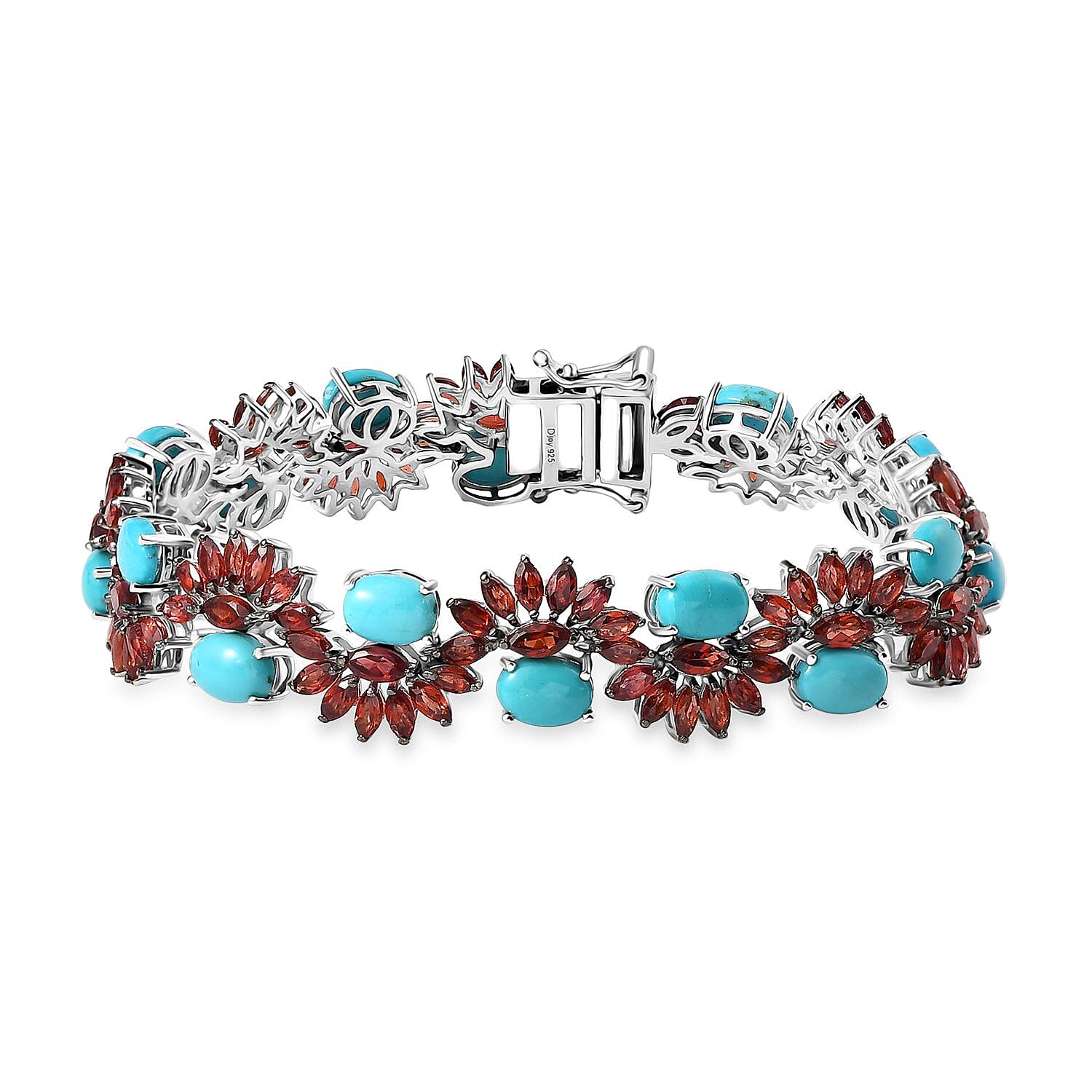 SHOP LC DELIVERING JOY Sleeping Beauty Turquoise Red Garnet Oval Rhodium Plated 925 Sterling Silver Bracelet for Women Jewelry Birthday Gifts Size 7.25 Inches Ct 23.47