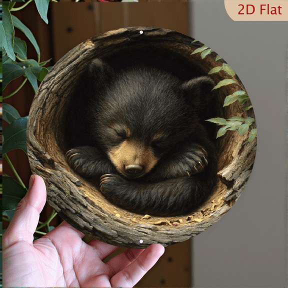 Sleeping Black Bear Cub in Tree Hollow Wall Art Decor, 8" Round Aluminum Metal Signs, Wall Decor For Kitchen, Door, Office, Bedroom Decor, Best Gifts For Room, Home, Bathroom Decor, 2D Flat
