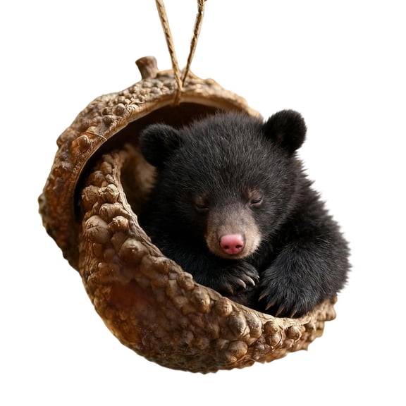 Sleeping Black Bear Cub in Acorn Hanging Ornament for Christmas Tree Holiday Decorations Festive Home Decor and Gift Giving