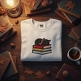 thumbnail image 1 of Sleeping Black Cat Embroidered Sweatshirt, Cozy Book Lover Crewneck, Fall Autumn Reader Sweater, Librarian Witch Gift, 1 of 4
