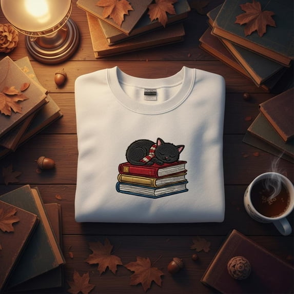 Sleeping Black Cat Embroidered Sweatshirt, Cozy Book Lover Crewneck, Fall Autumn Reader Sweater, Librarian Witch Gift