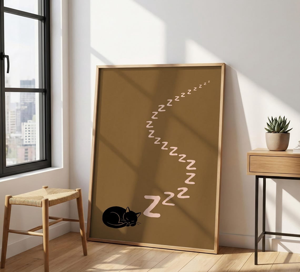 Sleeping Black Cat Minimalist Zzz Typography Above Bed Cozy Decor Lover ...
