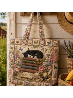 Sleeping Black Cat Quilted Tote Bag Book Lover Floral Patchwork Library Cottagecore Shoulder Bag Reader Gift for Her ORD-PUI89