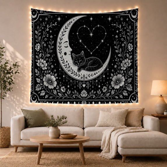 Sleeping Black Cat Within Crescent Moon, Dreamy Gothic for Cat Lovers, Ornate Lunar Floral Decor, Halloween Gift, Tapestry Wall Hanging for Bedroom and Living Room