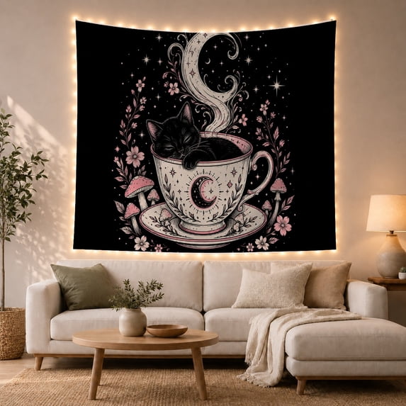 Sleeping Black Kitten in Celestial Teacup with Moon Steam and Stars, Dreamy Fantasy for Cat Lovers, Whimsical Nursery Art, Birthday Gift Tapestry Wall Hanging for Bedroom and Dorm