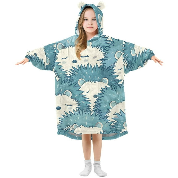 Sleeping Blue Hedgehogs Flannel Wearable Blankets Hooded Design Long Sleeves Wrap Unisex for 3T-14Y S