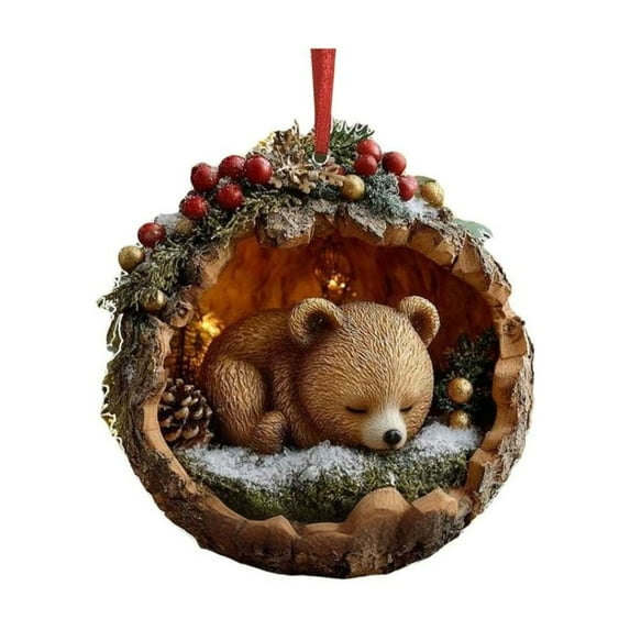 Sleeping Brown Bear Christmas Ornament – Cozy Curled Up Forest Animal Acrylic Tree Pendant for Holiday Decor, Rustic Woodland Theme, Durable Reusable Gift for Animal Lovers Wreath Garland Accent