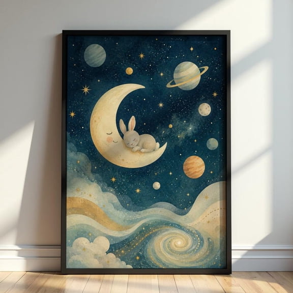 Sleeping Bunny Moon Nursery Wall Art Dreamy Celestial Baby Room Decor, Unframed Paper Print