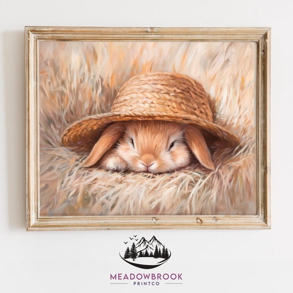 Sleeping Bunny Nestled In Straw Hat - Easter Rabbit Printable, Vintage Spring Animal Art, Cottagecore Nursery Decor, Rustic Wall Art 1094, Unframed Poster Size 8x12