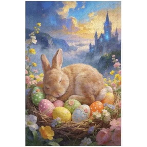 Sleeping Bunny Puzzles for Adults Easter 1000 Piece Jigsaw Puzzle for Adults Educational Easter Egg Puzzle 1000 Piece Puzzles for Adults Rabbit and Easter Eggs Jigsaw Puzzle