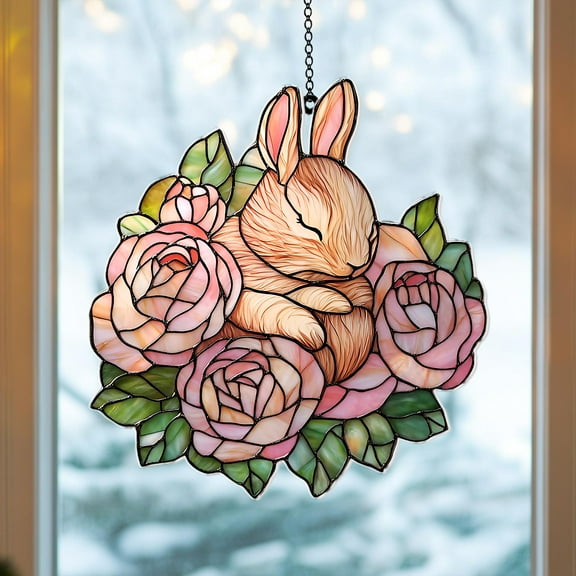Sleeping Bunny in Roses Stained Glass Suncatcher fullxfull Handmade Window Art, Perfect Spring Decor