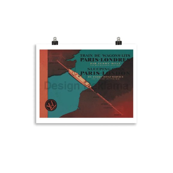 Sleeping Cars Paris London by Ferry Boat Service via Dover Dunkirk 1937 Company Internationale des Wagons Lits des Grands Express Europens. Unframed Vintage Travel Poster.