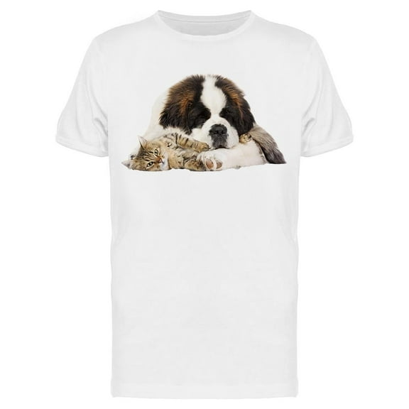 Sleeping Cat And St. Bernard T-Shirt Men -Image by Shutterstock, Male Medium