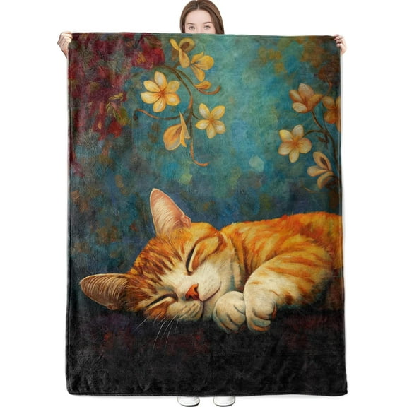 Sleeping Cat Blanket Peaceful Orange Tabby and Floral Artwork Throw Blankets Lightweight Flannel Throws for Camping Couch Chair Office Bed Home Decor Gifts for Kitten Lover,60x50inch