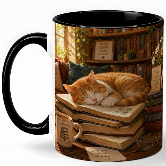 Sleeping Cat Book Lover Coffee Mug, Cozy Library Cat and Books Design, 11 oz Ceramic Cup