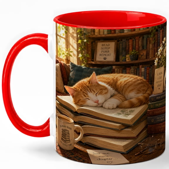 Sleeping Cat Book Lover Coffee Mug, Cozy Library Cat and Books Design, 11 oz Ceramic Cup