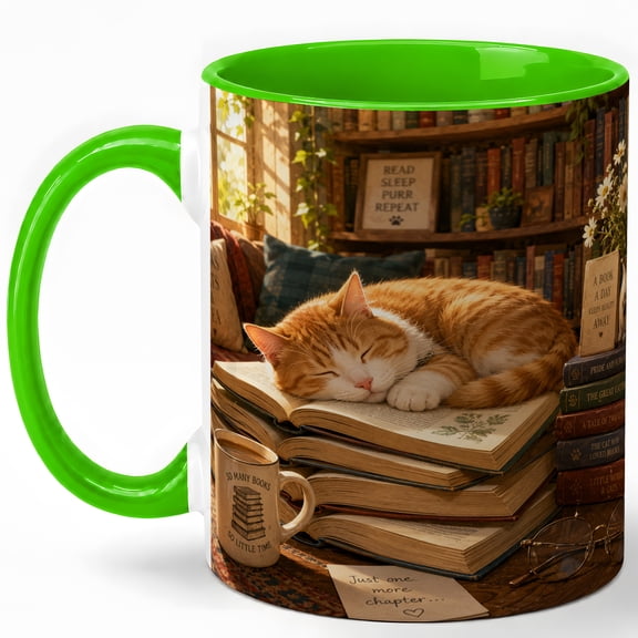 Sleeping Cat Book Lover Coffee Mug, Cozy Library Cat and Books Design, 11 oz Ceramic Cup