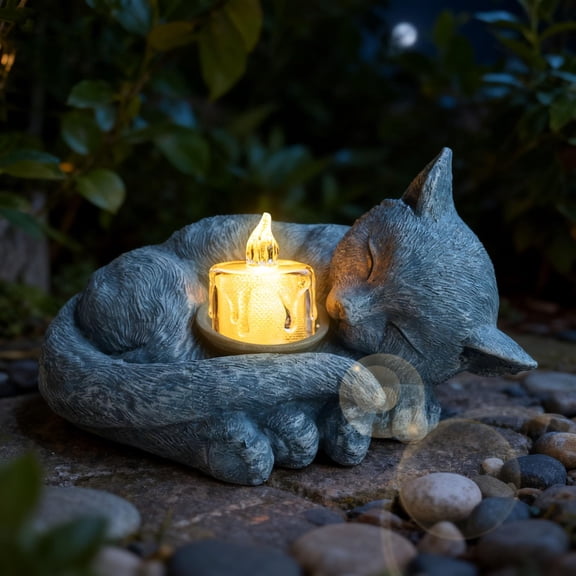 Sleeping Cat Candle Holder Statue Realistic Resin Cat Figurine with Candle Tray Outdoor Garden Decor for Patio Yard or Indoor Use for Cat Lovers Women and Memorials Orange