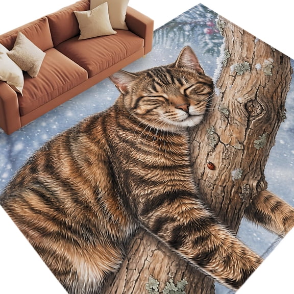 Sleeping Cat Christmas Area Rug 5x8 Washable Rug Non Slip Branches Pine Cone Snowy Large Area Rug Soft Stainresistant Indoor Floor Carpet for Living Room Bedroom Home Office Dining Room Nursery