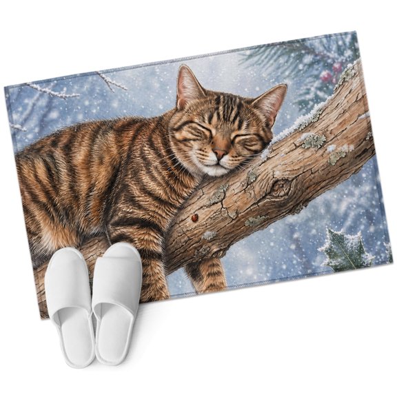 Sleeping Cat Christmas Bathroom Rug Washable 2x3 Entryway Rug Non Slip Branches Pine Cone Snowy Front Door Mat Low Pile Indoor Doormat Throw Floor Carpet for Kitchen Bedroom Entrance