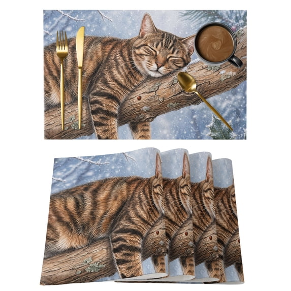 Sleeping Cat Christmas Placemats Set of 2 Branches Pine Cone Snowy Place Mats Indoor Wipeable Table Mats Washable Cloth Dining Table Placemats for Kitchen Holiday Party Home Decor 13x19 Inch