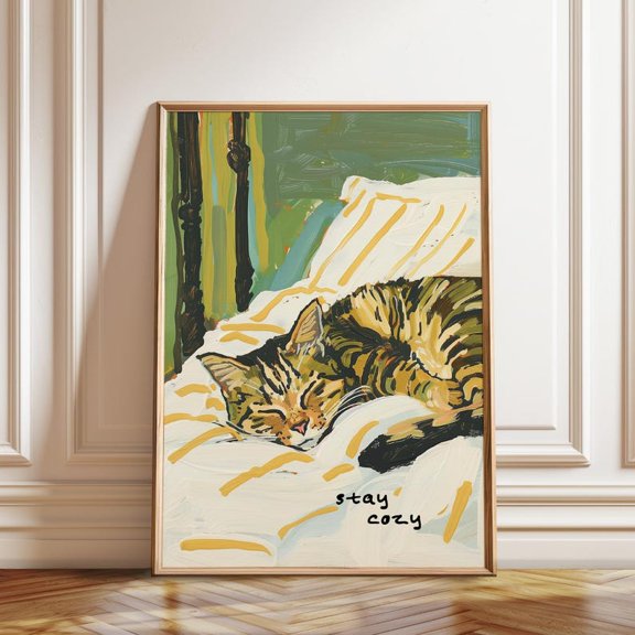 Sleeping Cat Cozy Bed Scene Handwritten Text Wall Art Print, Unframed Paper Poster 8x10in