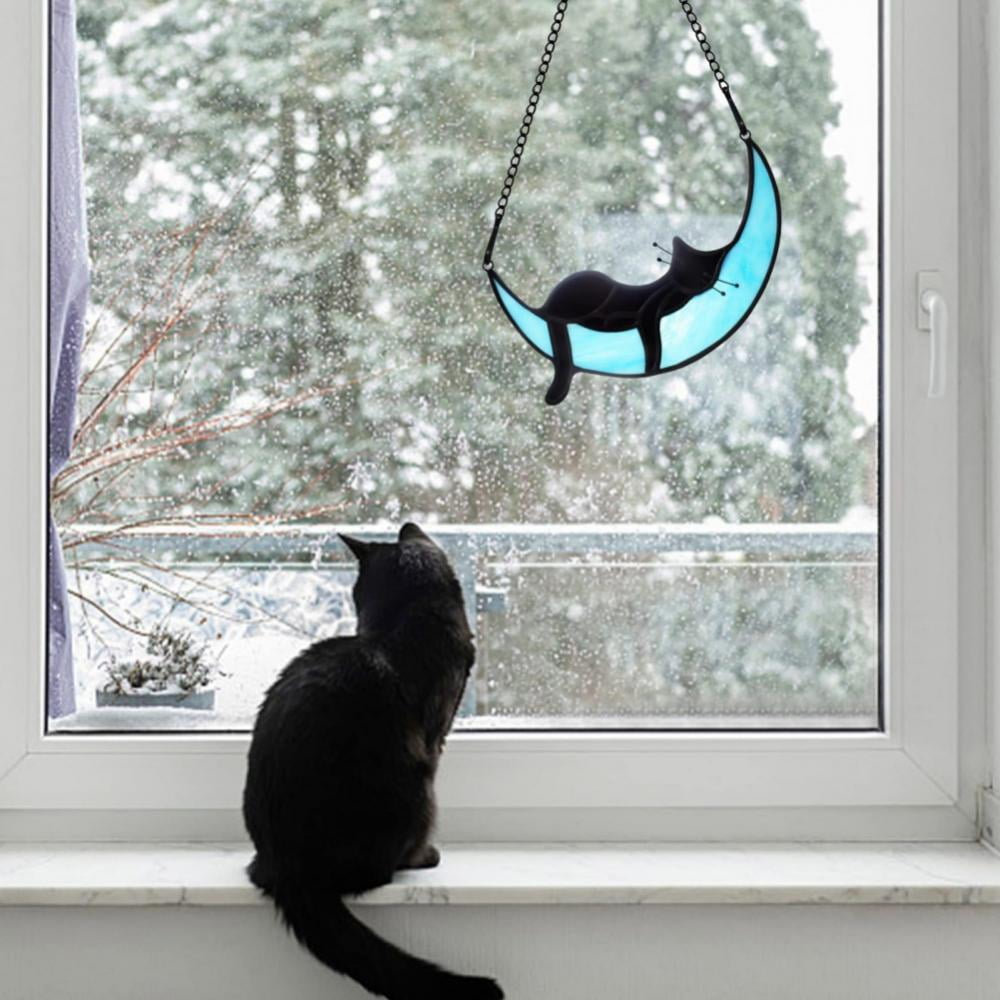 Zonnevanger van glas in lood - Zwarte kat op de maan