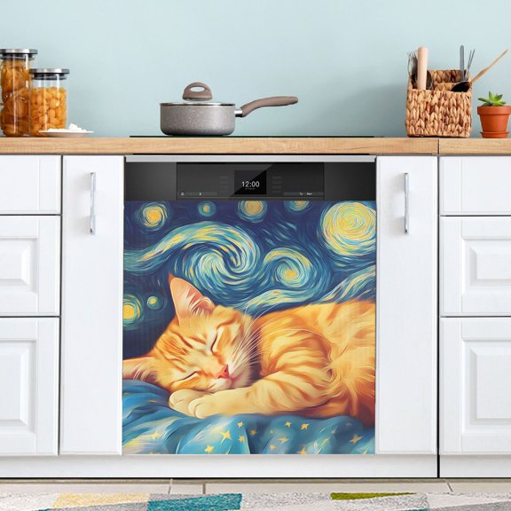 Sleeping Cat Dishwasher Magnet Cover Reuseable Refrigerator Magnet Cover Decal Kitchen Fridge Microwave Stickers Hoilday Party Decor 23 x 26 inch